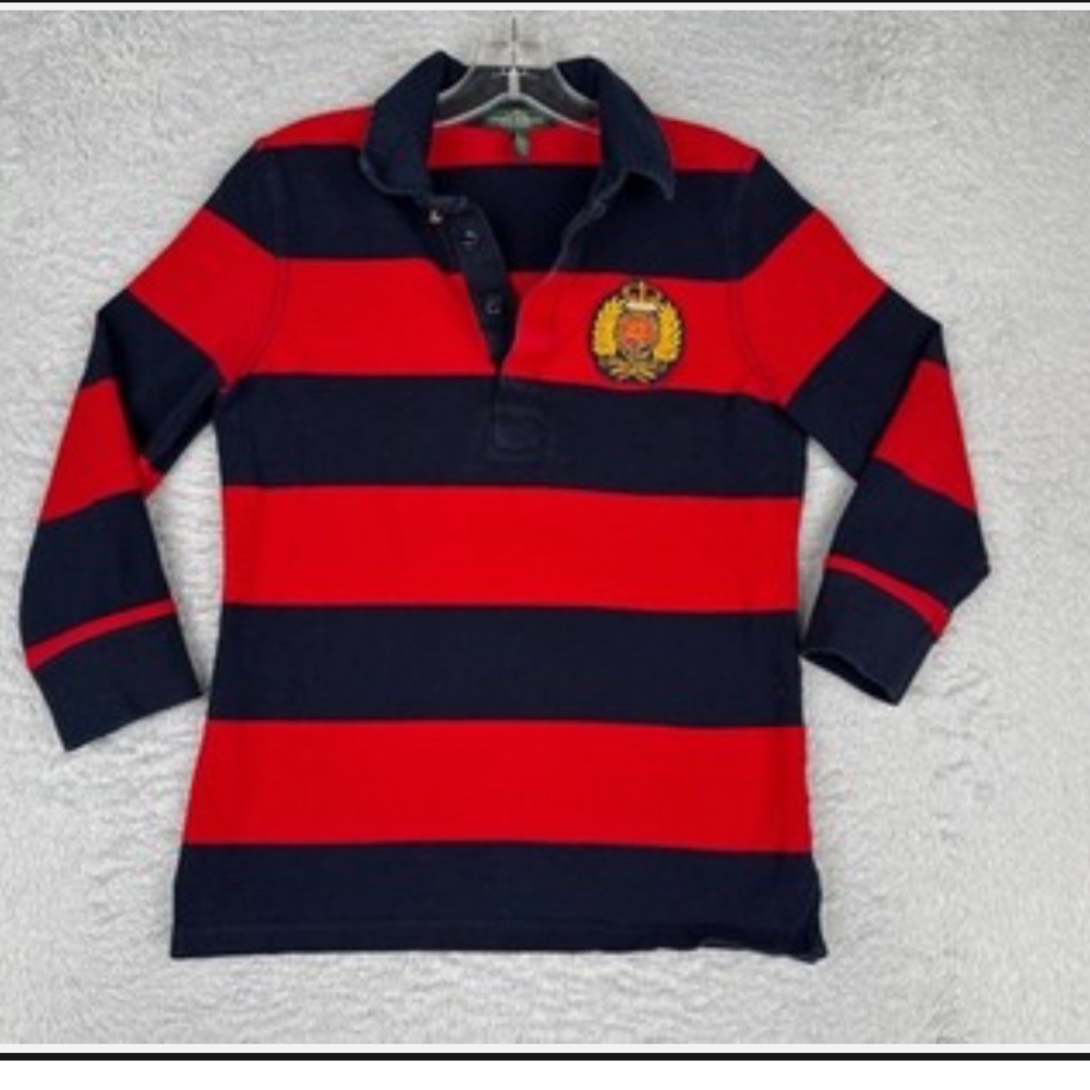 LRL Lauren Jeans Co Shirt Women L Red Blue Stripe Cotton Crest Long Sleeve